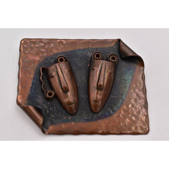 Rebajes Vintage Brazilian Mask Pin Brooch Abstract Copper Signed 1950s BinBP - Picture 4 of 12